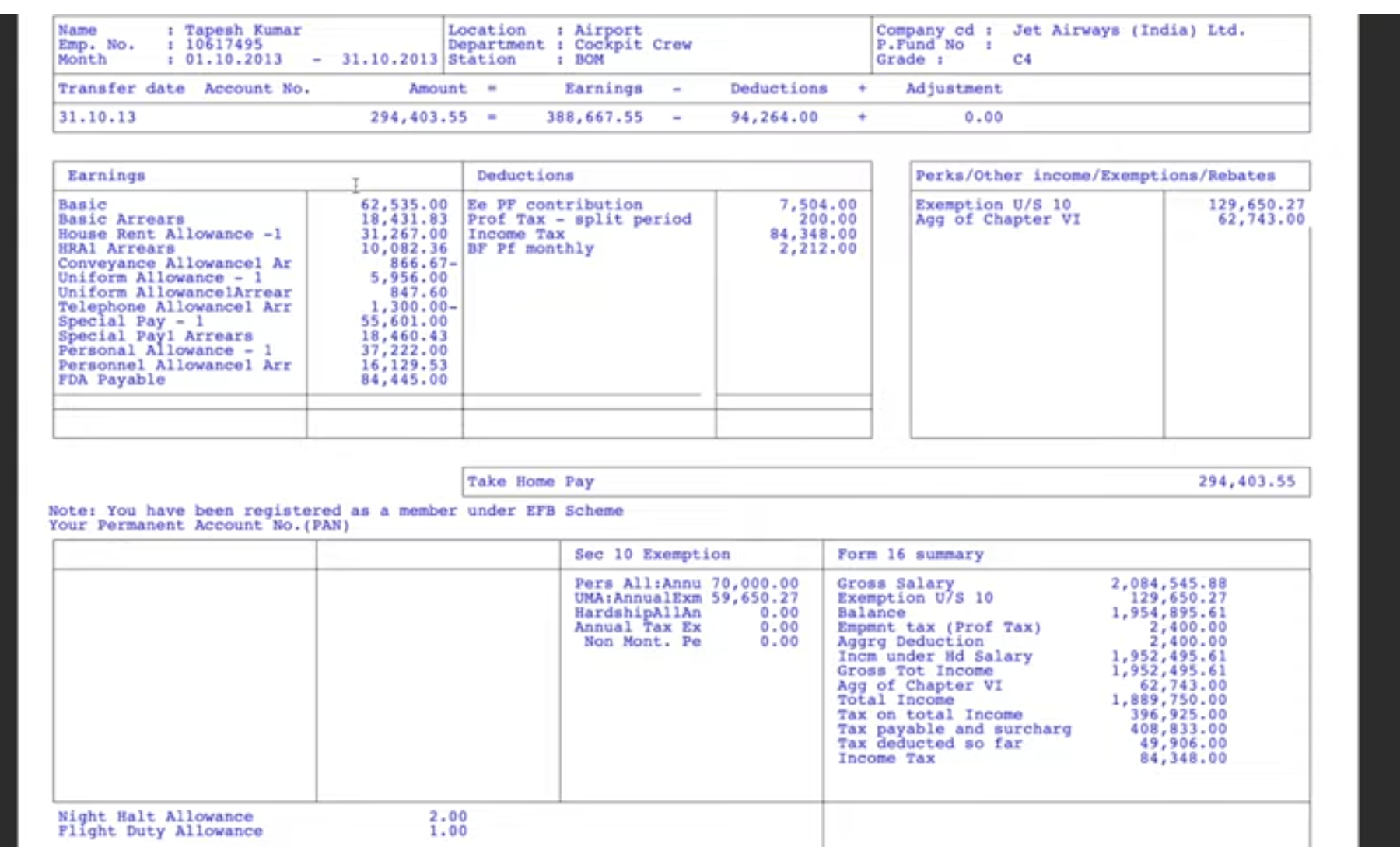 jet airwards first officer salary